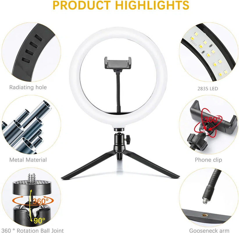10" Dimmable Ring Light with Tripod and Cellphone Holder