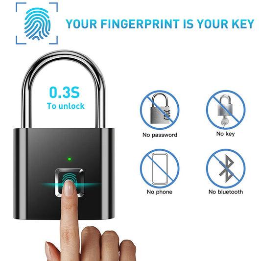 Black Silver USB Rechargeable Smart Fingerprint Padlock – Secure, Durable, and Quick Unlock