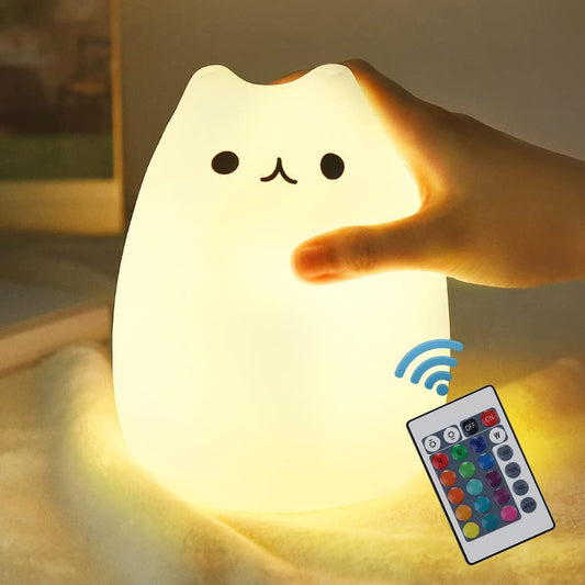 Cat Lamp – Remote Control Silicone Kitty Night Light for Kids, Toddlers, and Baby Girls (White)
